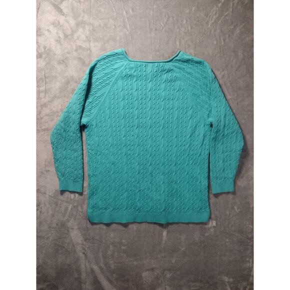 Lands End Women's 1XL Teal Cable Knit Cotton Sweater Drifter Rolled Neckline - Picture 2 of 11